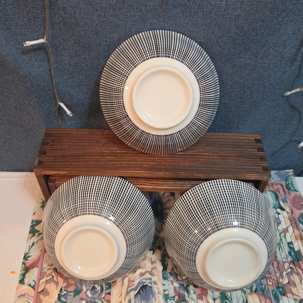 Royal Norfolk Set 3 Ceramic Bowls 6" Black White Dashed Swirl