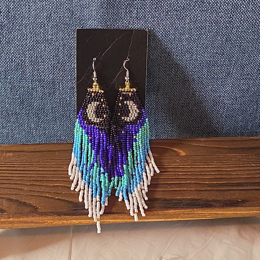 Boho Celestial Moon Seed Bead Fringe Dangle Earrings