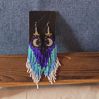 Boho Celestial Moon Seed Bead Fringe Dangle Earrings