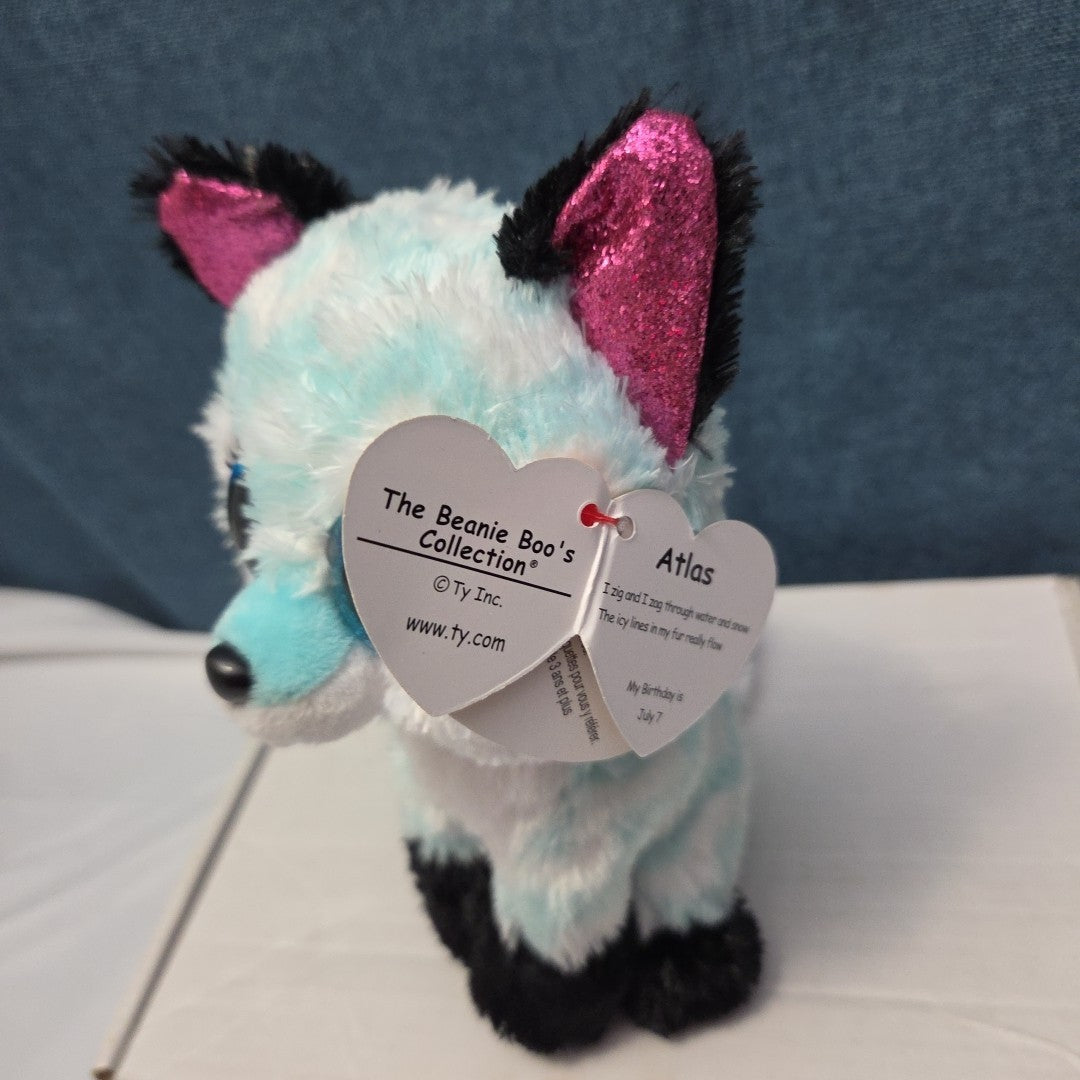 Ty Beanie Boos Atlas Aqua Chevron Fox 6" Plush Blue Glitter Eyes Retired MWMT