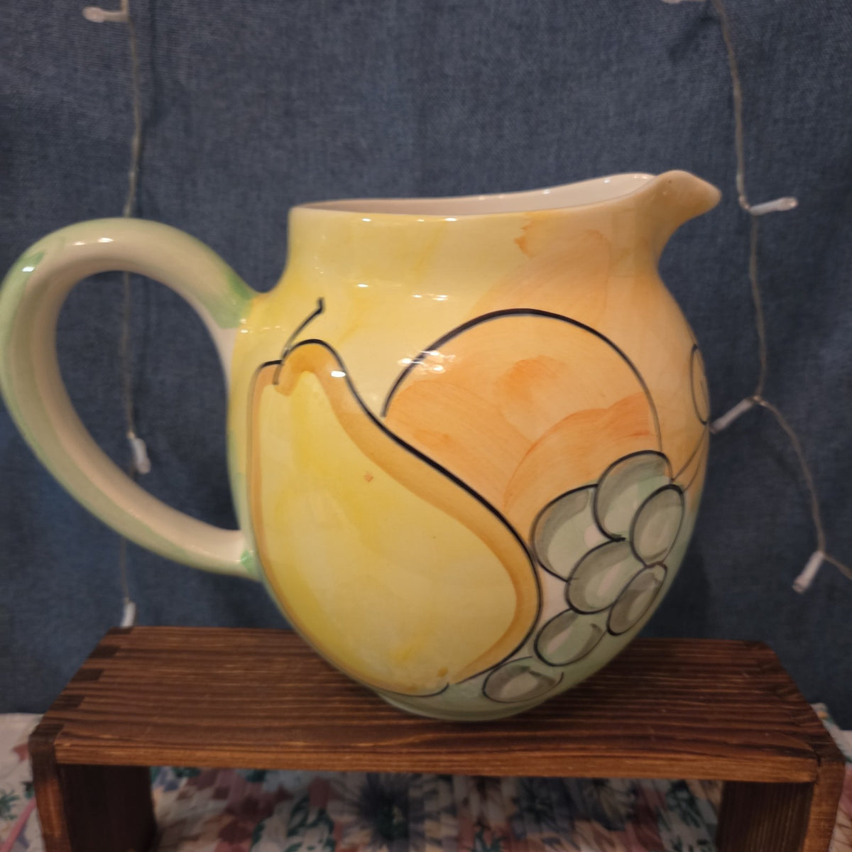 Bella Ceramica  Hand Painted Fruit Pitcher Jug Tuscan Apple Pear Decor