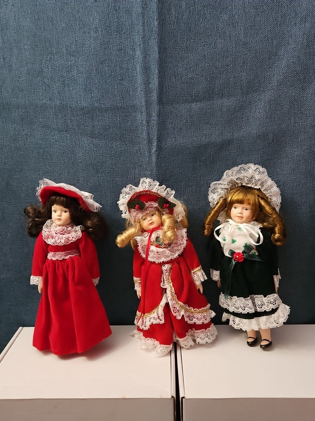 Set of 3 Vintage Porcelain Dolls | Red & Green Velvet | Christmas Carolers
