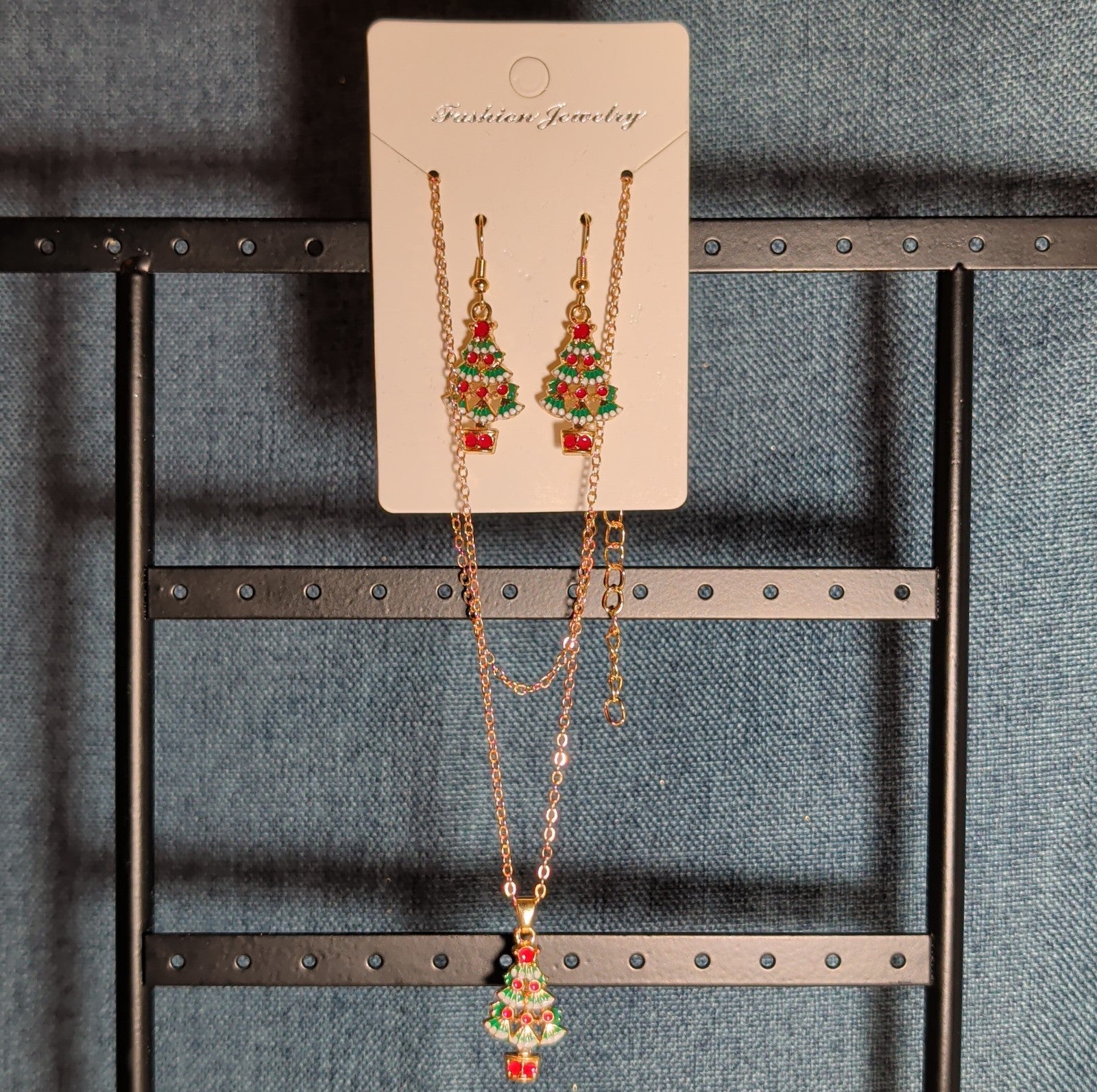 Christmas Tree Necklace Earring Set Gold Tone Enamel Holiday