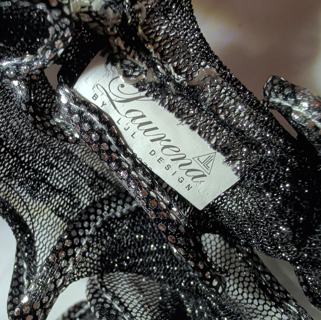Laurena by LJL Metallic Lace Scarf Wrap Silver Black Ruffled Boho NWT 63x23