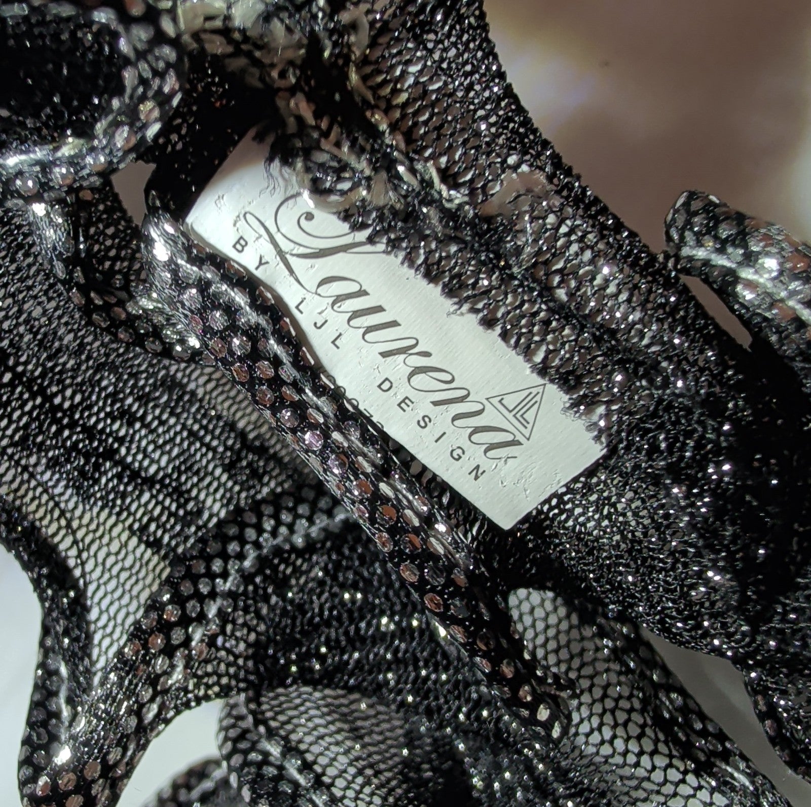 Laurena by LJL Metallic Lace Scarf Wrap Silver Black Ruffled Boho NWT 63x23