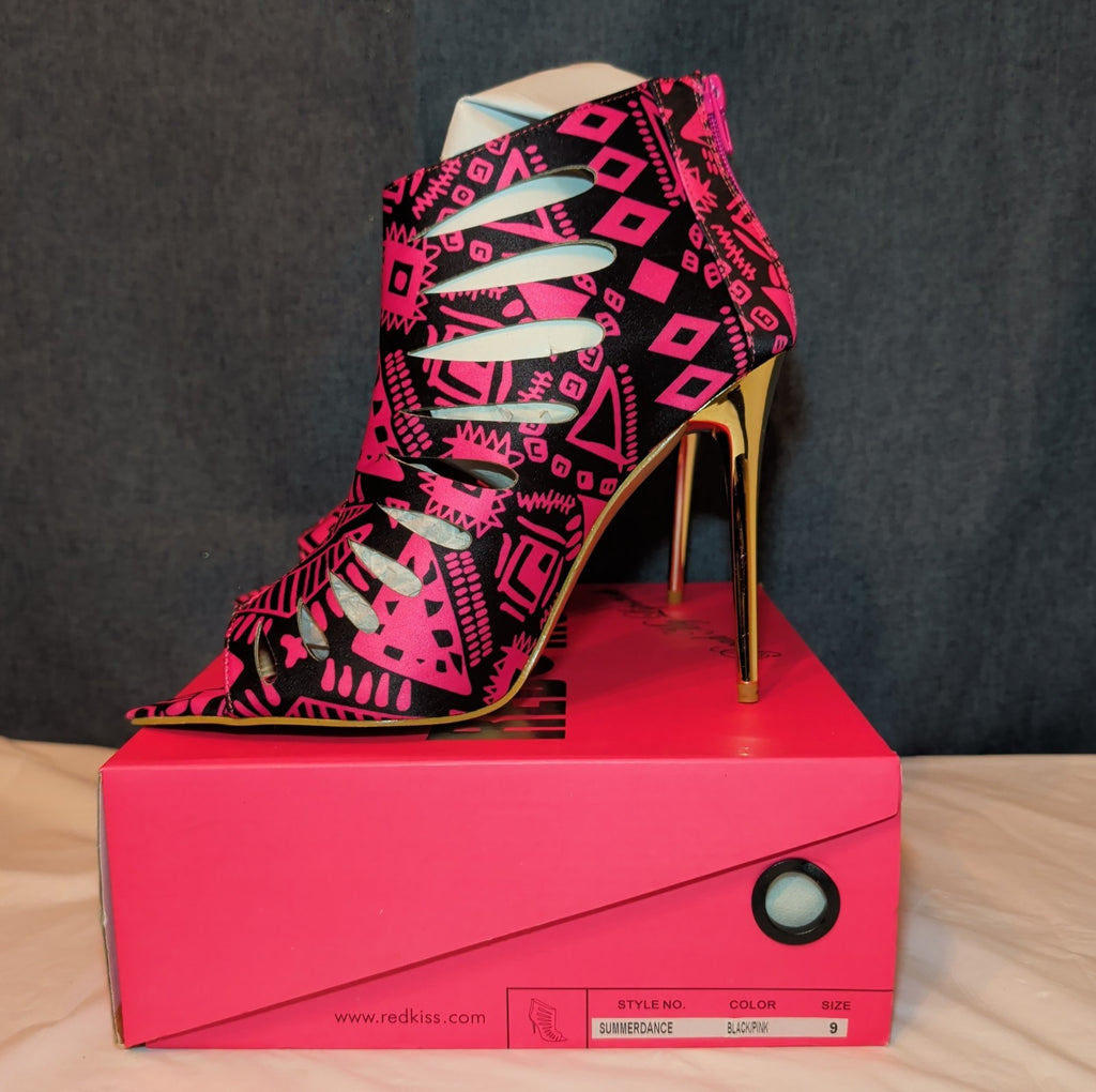 RedKiss Summerdance High Heels Size 9 Pink Black Caged Booties Stiletto Boxed