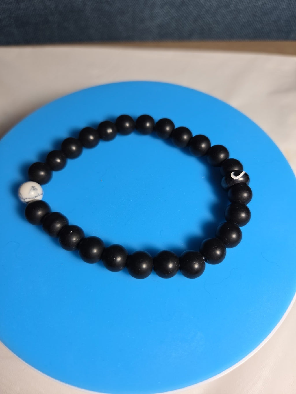 Natural Stone Bead Stretch Bracelet Matte Black White Howlite