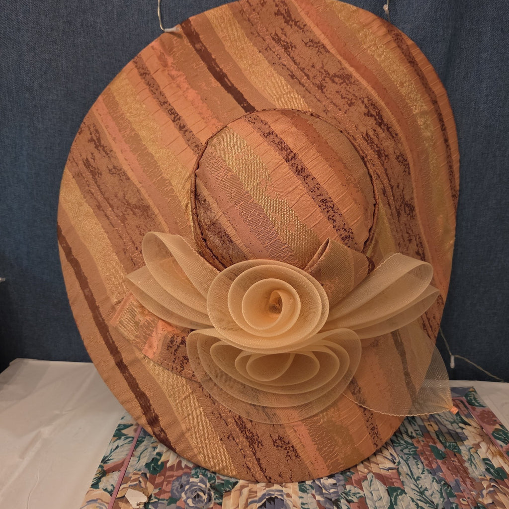 Ashro Wide Brim Derby Hat Peach Striped Mesh Flower