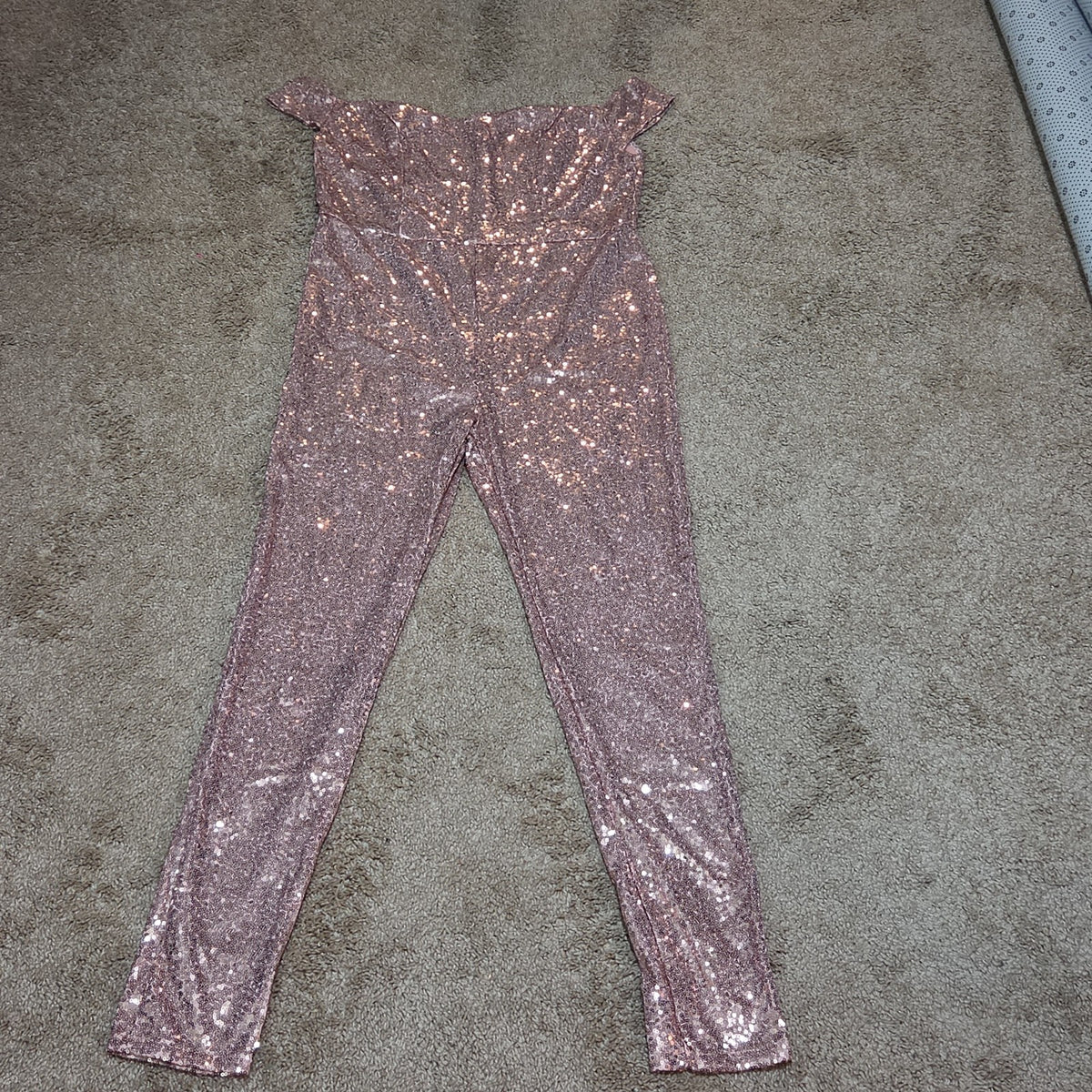Rose Gold Sequin Off Shoulder Party Jumpsuit Romper  XL