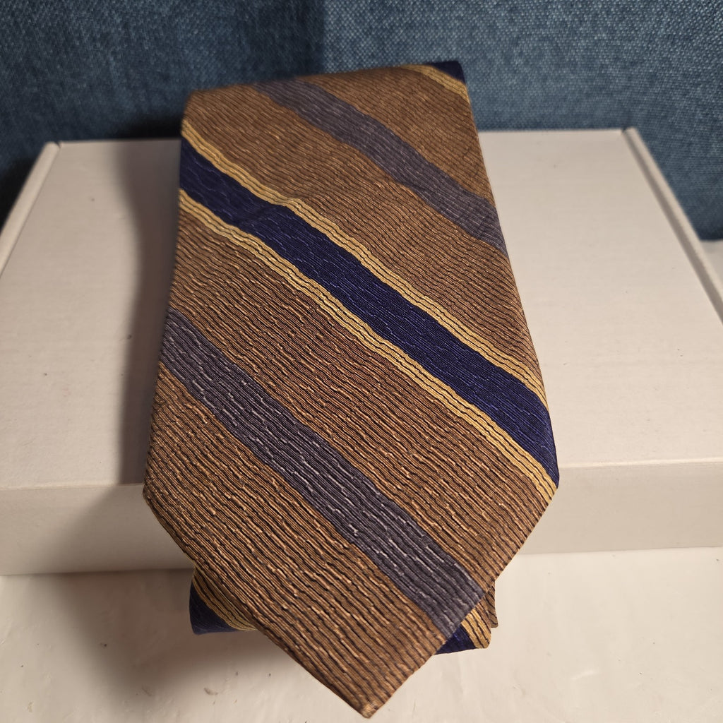 J.Z. Richards Silk Tie Edwards Michigan Brown Blue Stripe Frayed As Is Vest Tie