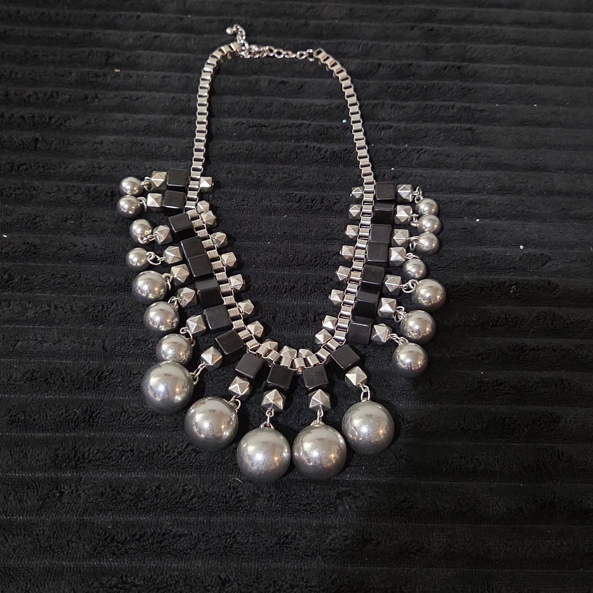 Chunky Silver Bib Statement Necklace Black Cube Cascading Collar Choker Punk Mod