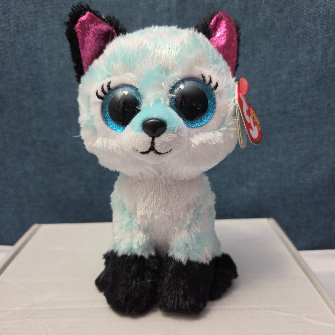 Ty Beanie Boos Atlas Aqua Chevron Fox 6" Plush Blue Glitter Eyes Retired MWMT
