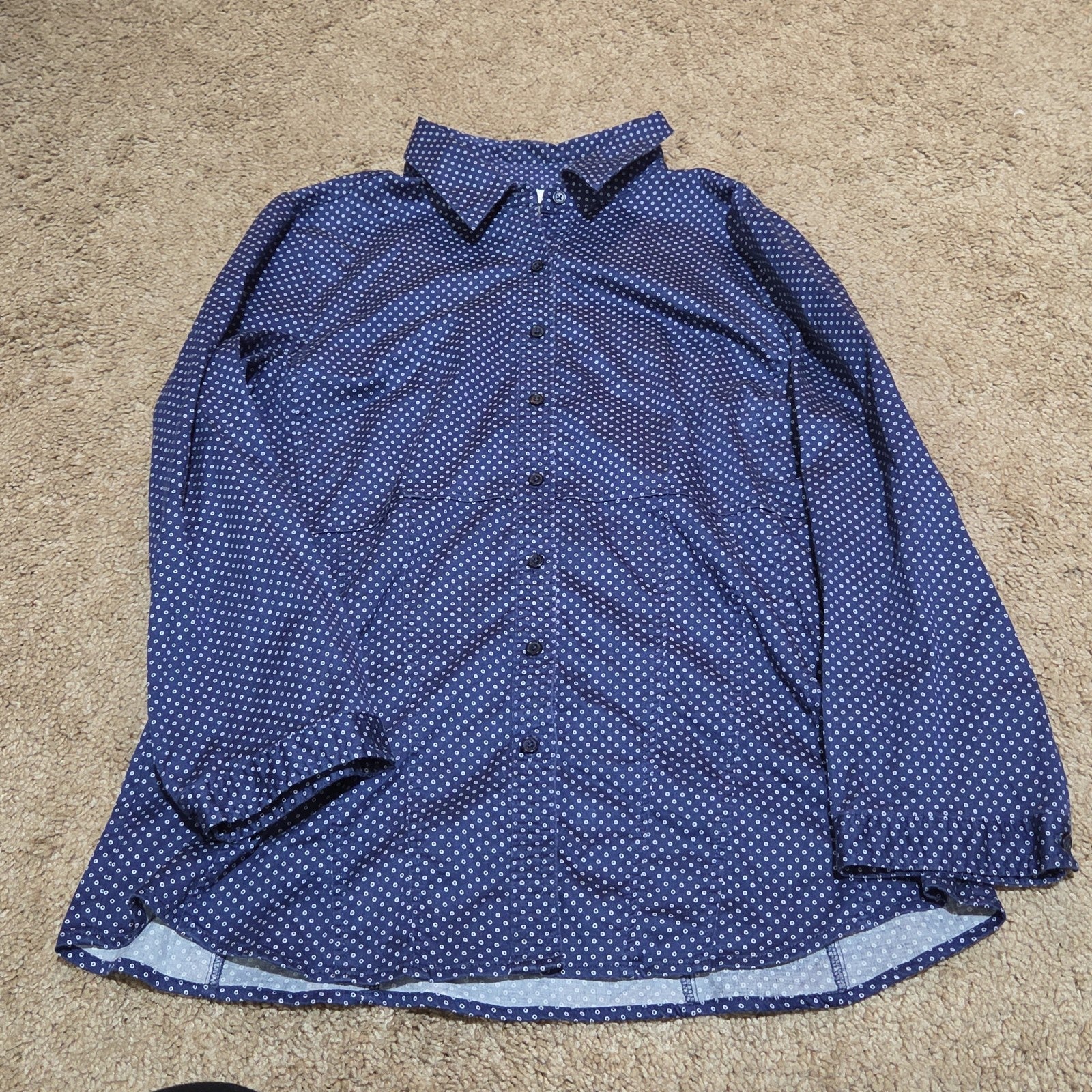 New York & Company Blouse Blue Polka Dot Button Down Office Wear Used Size L