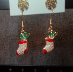 Christmas Stocking Snowflake Earring 2-Pair Set Enamel Gold-Tone Holiday NEW