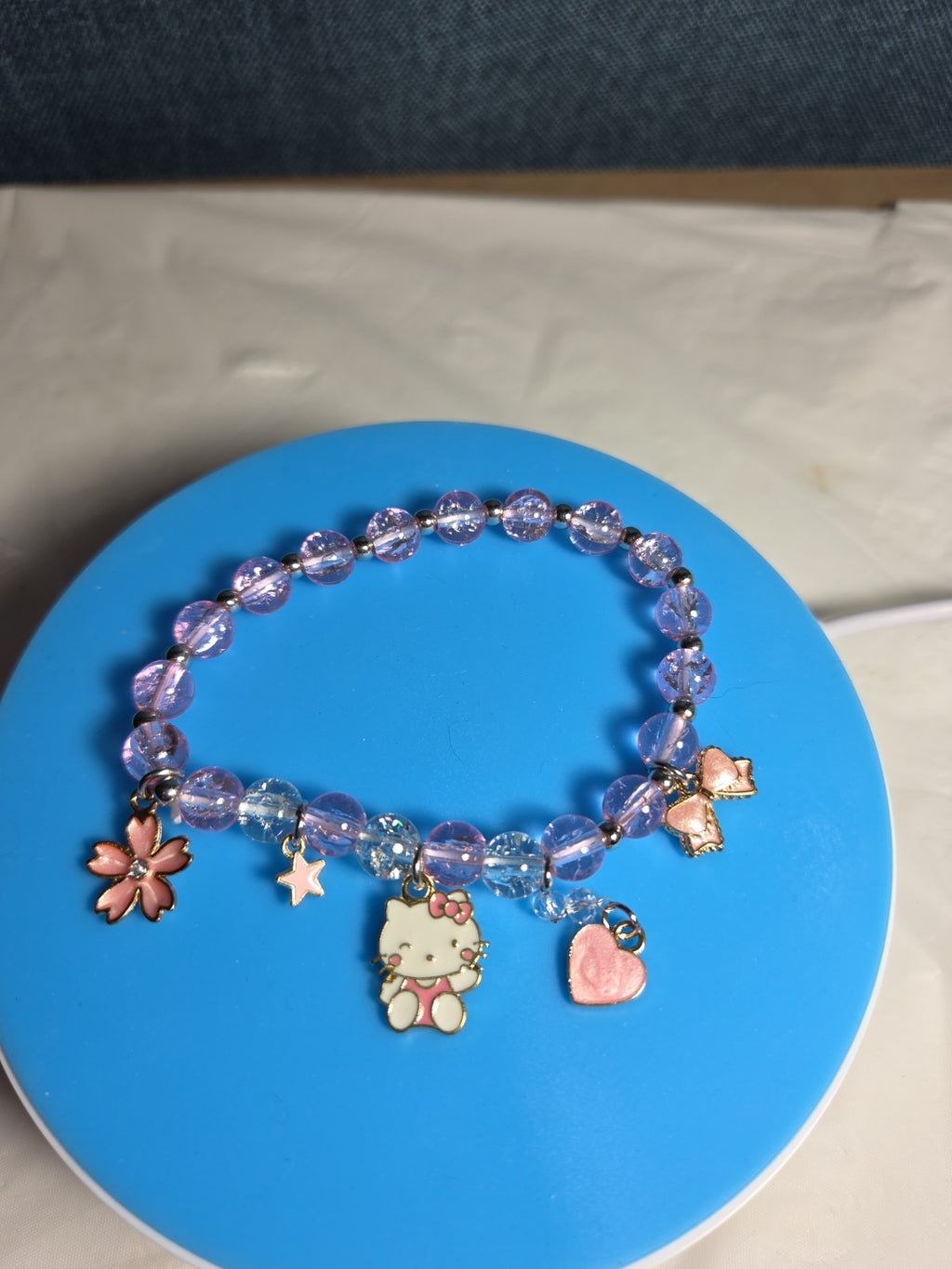 Kawaii Kitty Pink Beaded Stretch Charm Bracelet Y2K