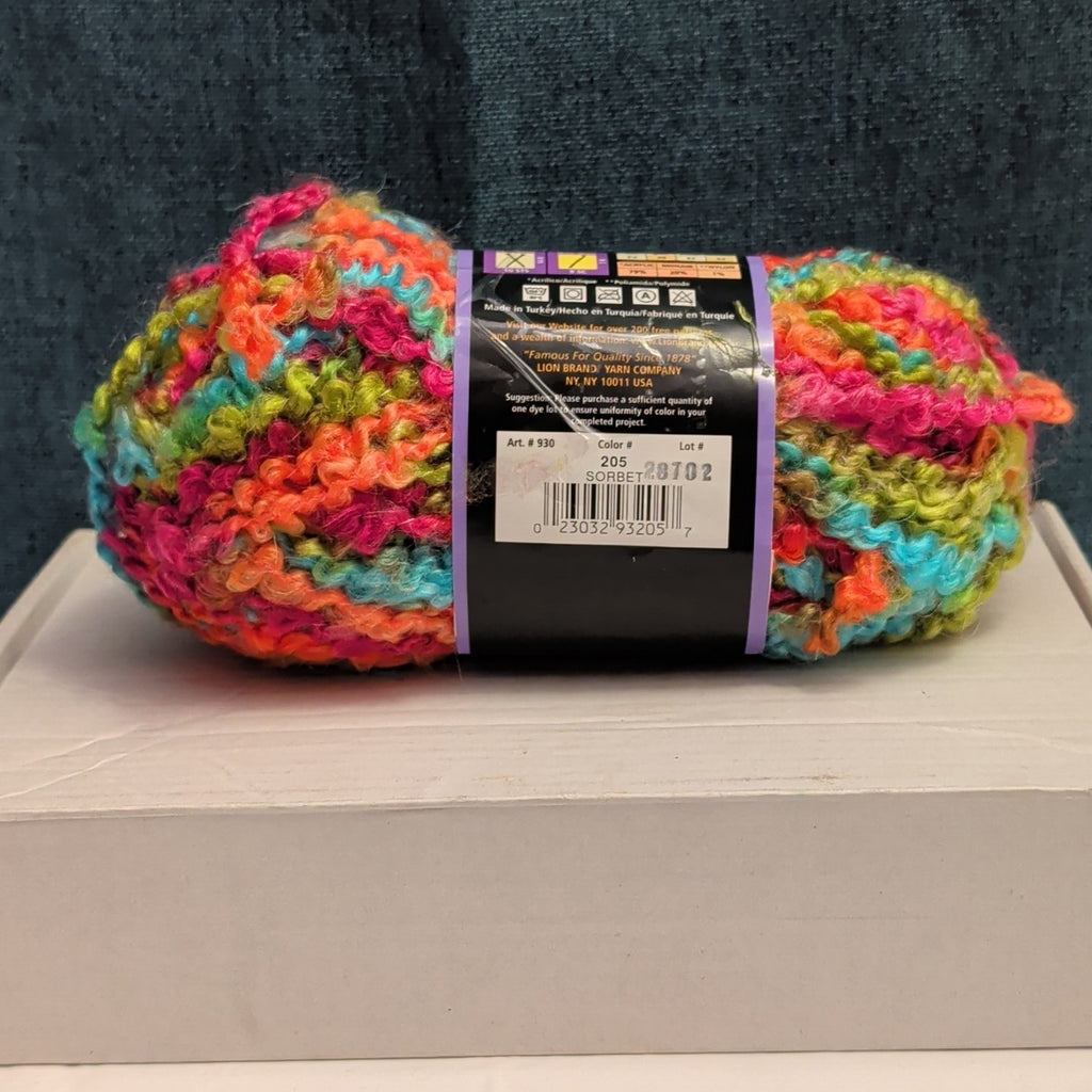 Lion Brand Lion Boucle Yarn Sorbet 205 Mohair Blend Textured Pink Teal Orange