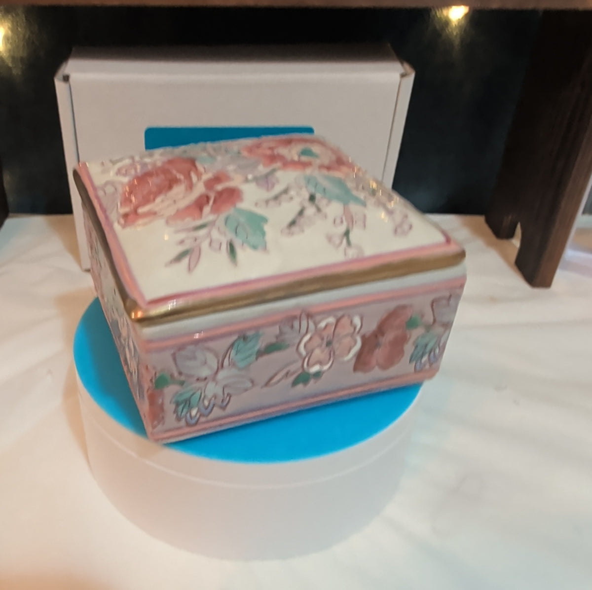 Vintage Pink Floral Porcelain Square Trinket Box Grandmillennial PreOwned