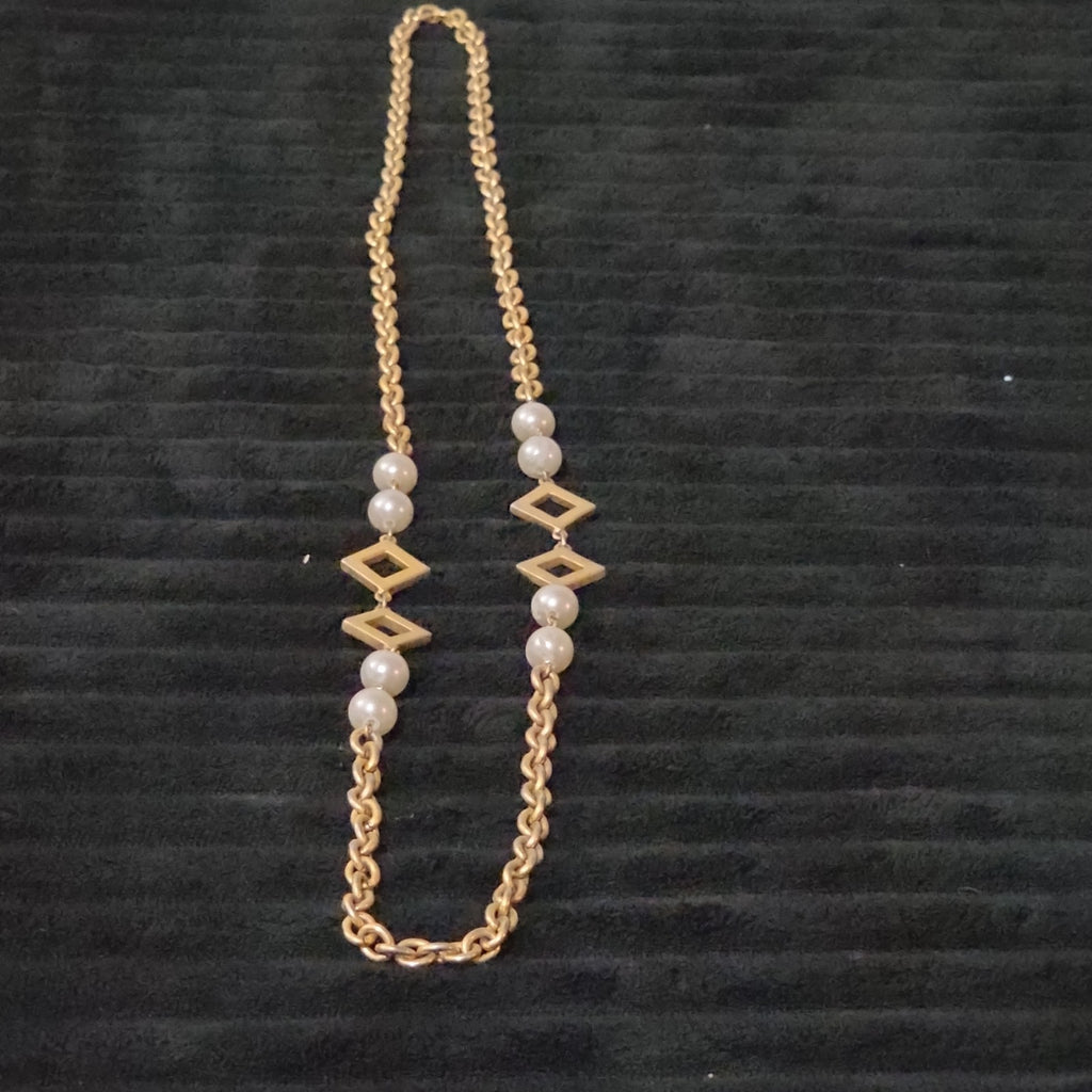 Vintage Gold Tone Geometric Necklace Long Pearl Station Diamond Link Chain 32"