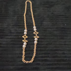 Vintage Gold Tone Geometric Necklace Long Pearl Station Diamond Link Chain 32"
