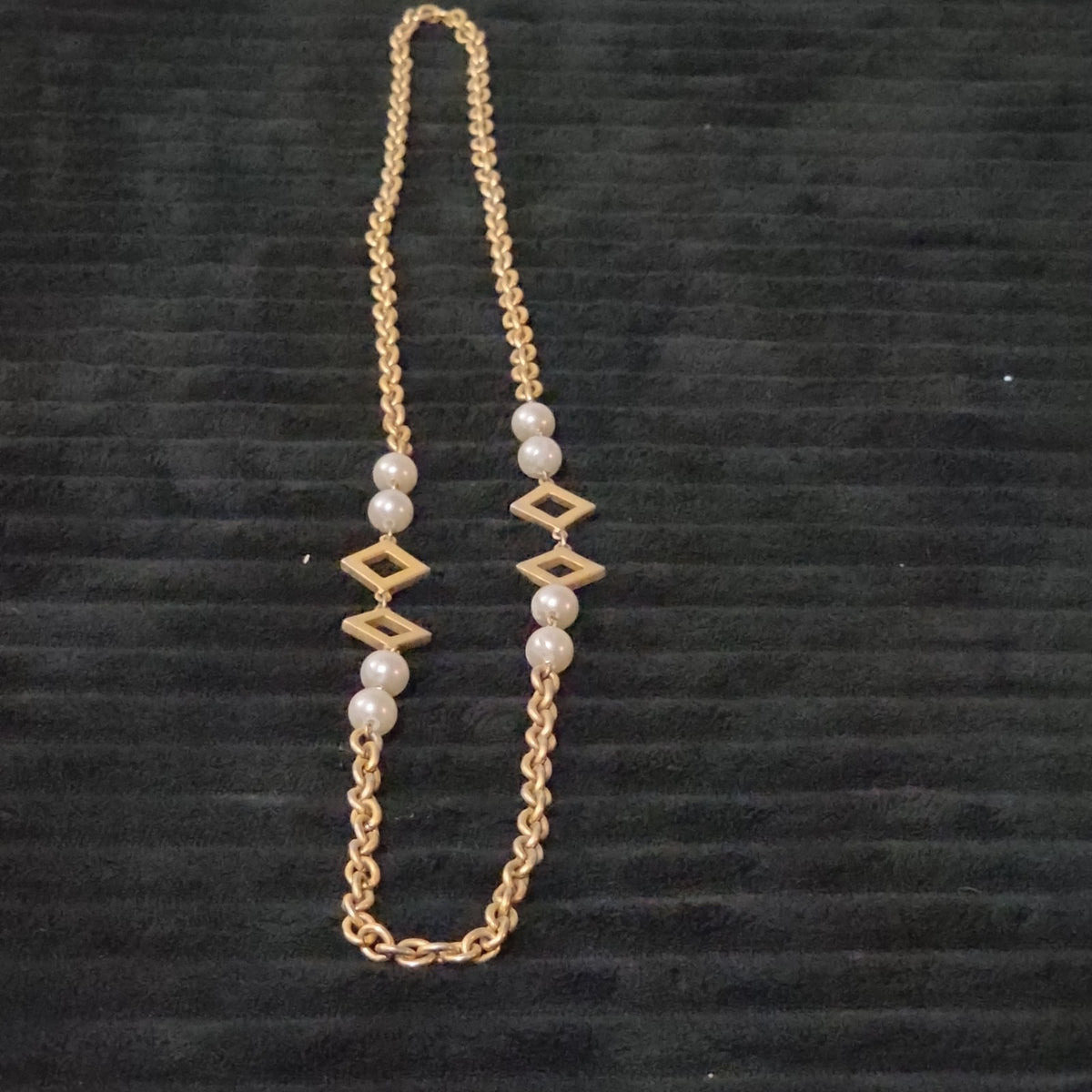 Vintage Gold Tone Geometric Necklace Long Pearl Station Diamond Link Chain 32"