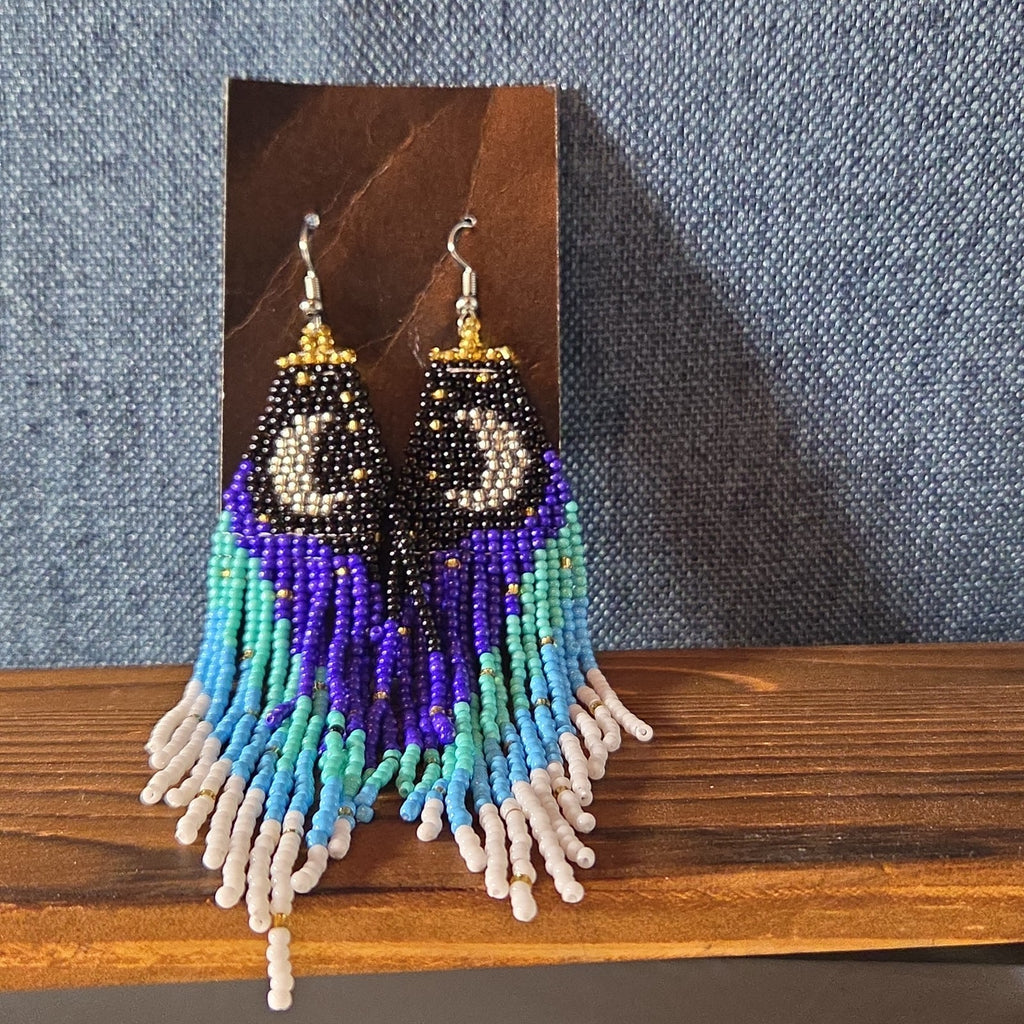 Boho Celestial Moon Seed Bead Fringe Dangle Earrings