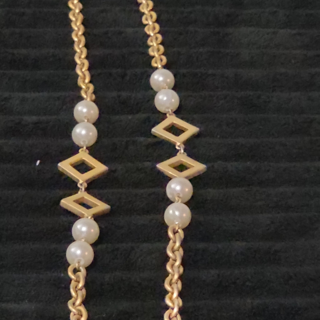 Vintage Gold Tone Geometric Necklace Long Pearl Station Diamond Link Chain 32"