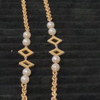 Vintage Gold Tone Geometric Necklace Long Pearl Station Diamond Link Chain 32"