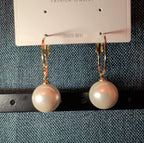 HS DP Fashion Pearl Drop Hoop Earrings 14K Gold Plated S925 Post Classic