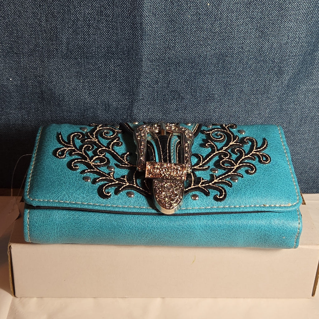 Turquoise Western Buckle Floral Trifold Crossbody Wallet NWT