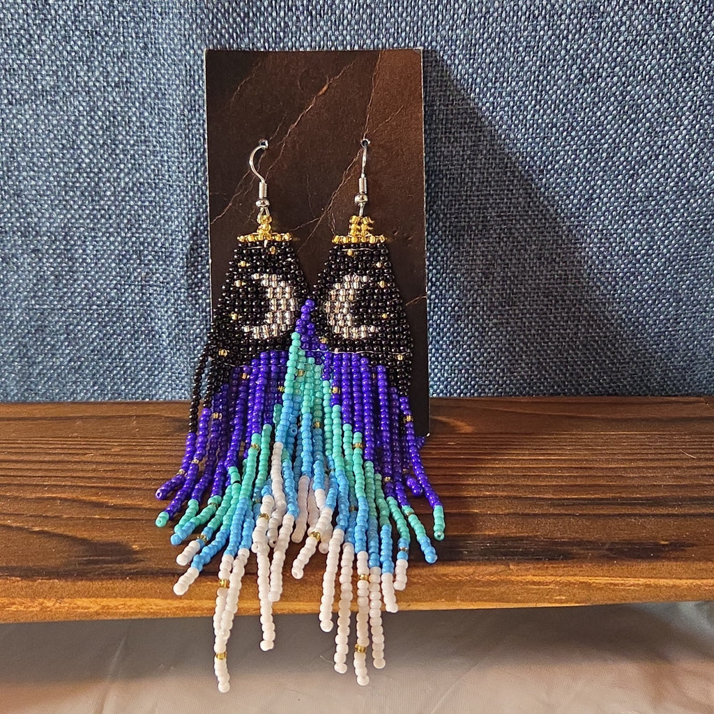 Boho Celestial Moon Seed Bead Fringe Dangle Earrings