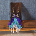 Boho Celestial Moon Seed Bead Fringe Dangle Earrings