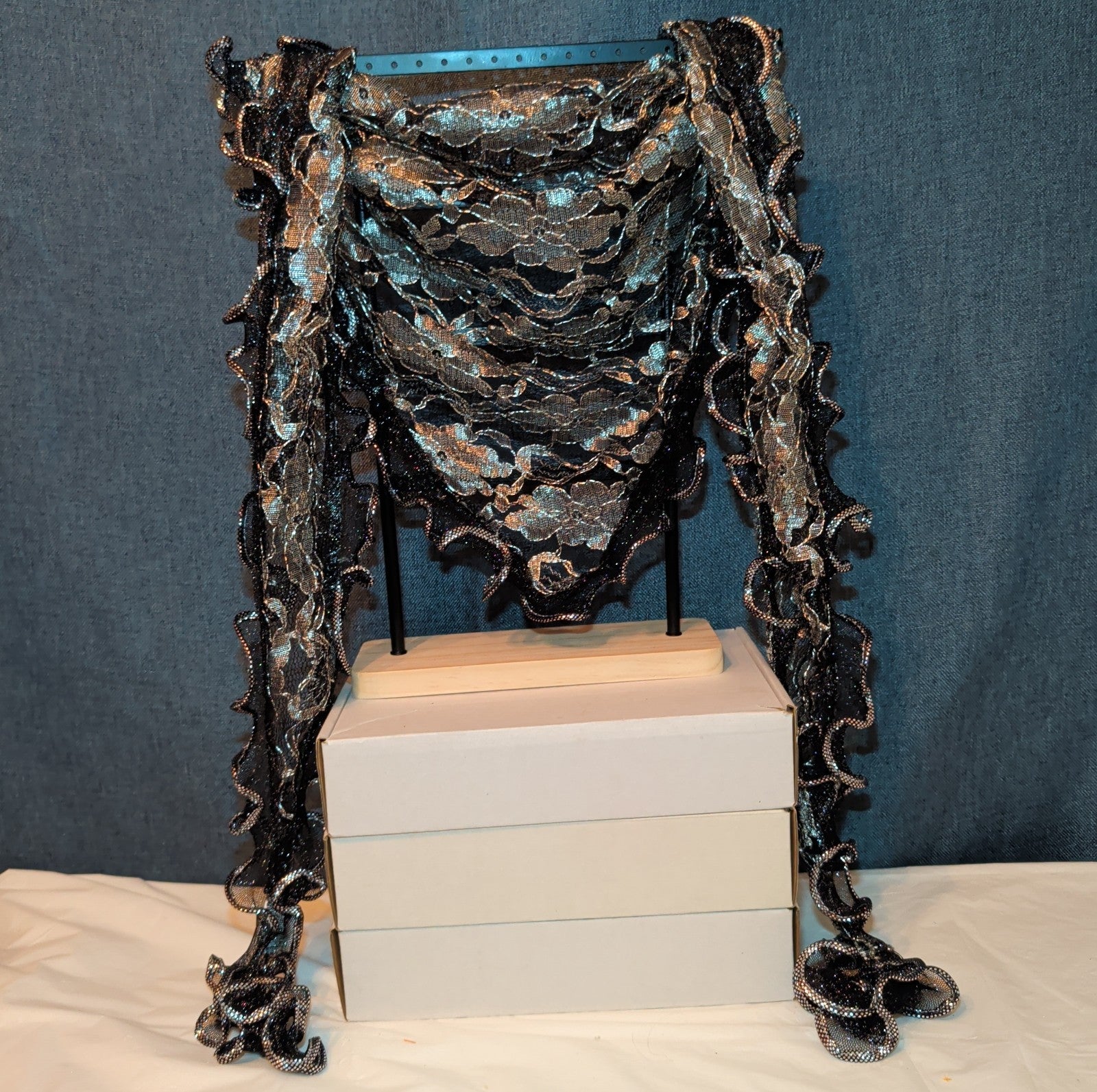 Laurena by LJL Metallic Lace Scarf Wrap Silver Black Ruffled Boho NWT 63x23