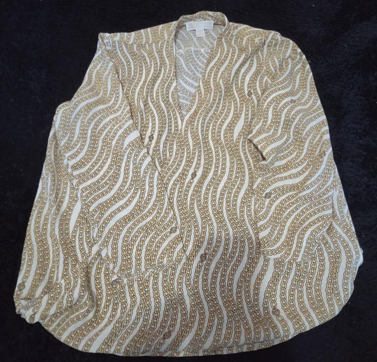 Michael Kors Blouse Gold Chain Link Print Wrap V-Neck Stretch Top L Gently Used