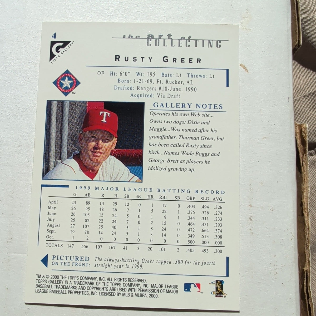 2000 Topps Gallery Rusty Greer #4 Texas Rangers Canvas Texture Baseball Card