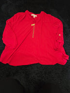 Michael Kors Blouse Red Zip Top Women Large Roll Tab Sleeve Jersey Shirt Used