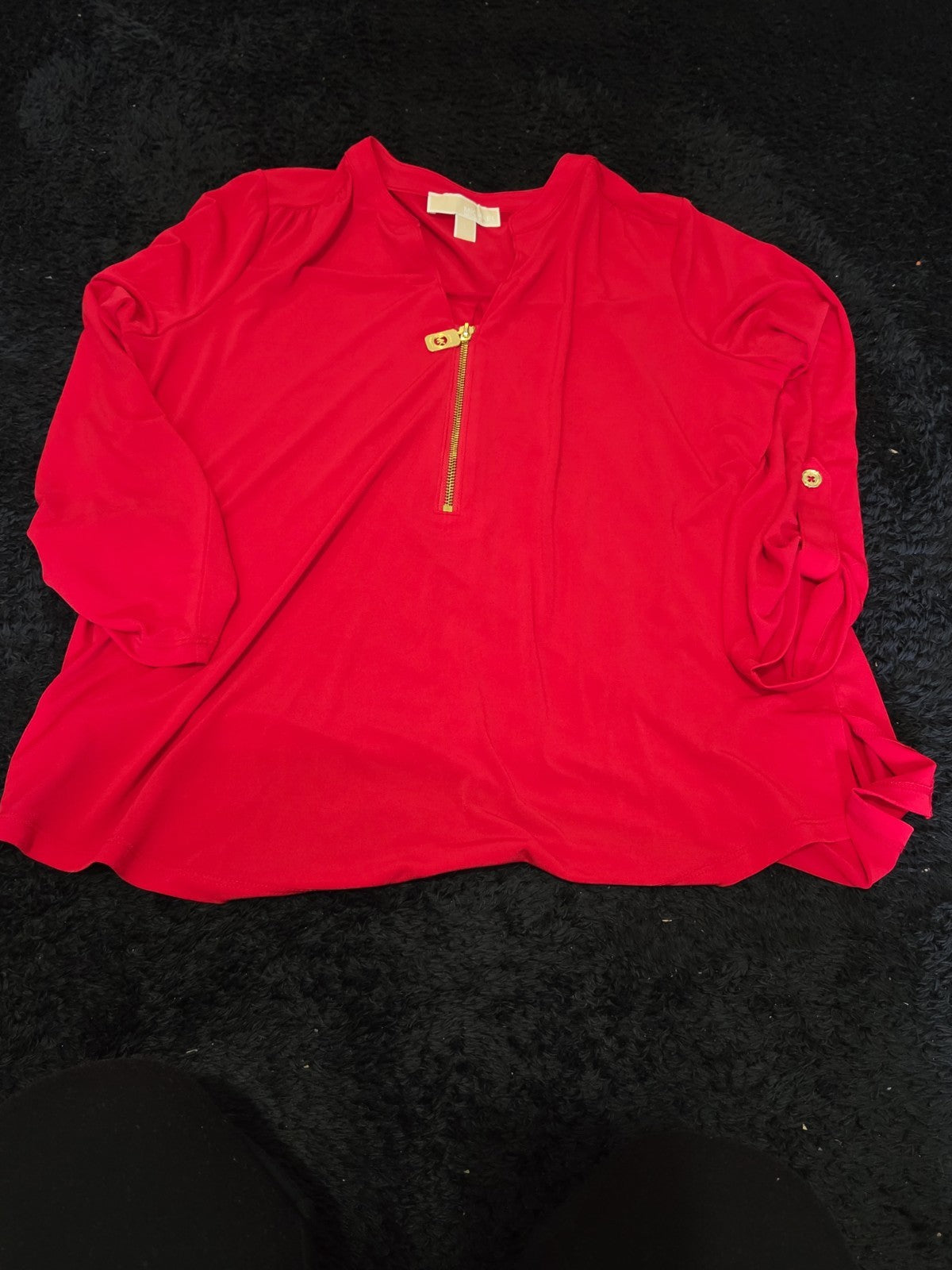 Michael Kors Blouse Red Zip Top Women Large Roll Tab Sleeve Jersey Shirt Used