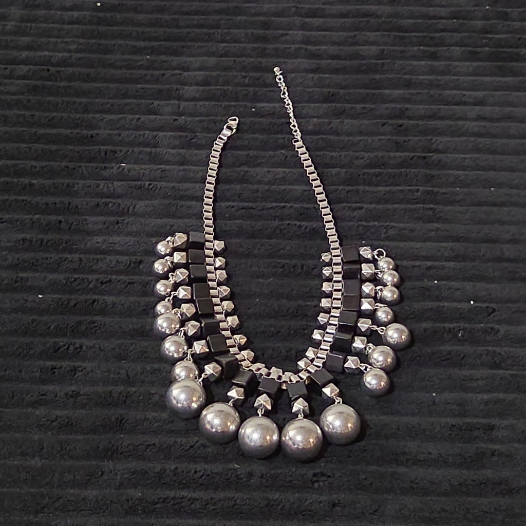 Chunky Silver Bib Statement Necklace Black Cube Cascading Collar Choker Punk Mod