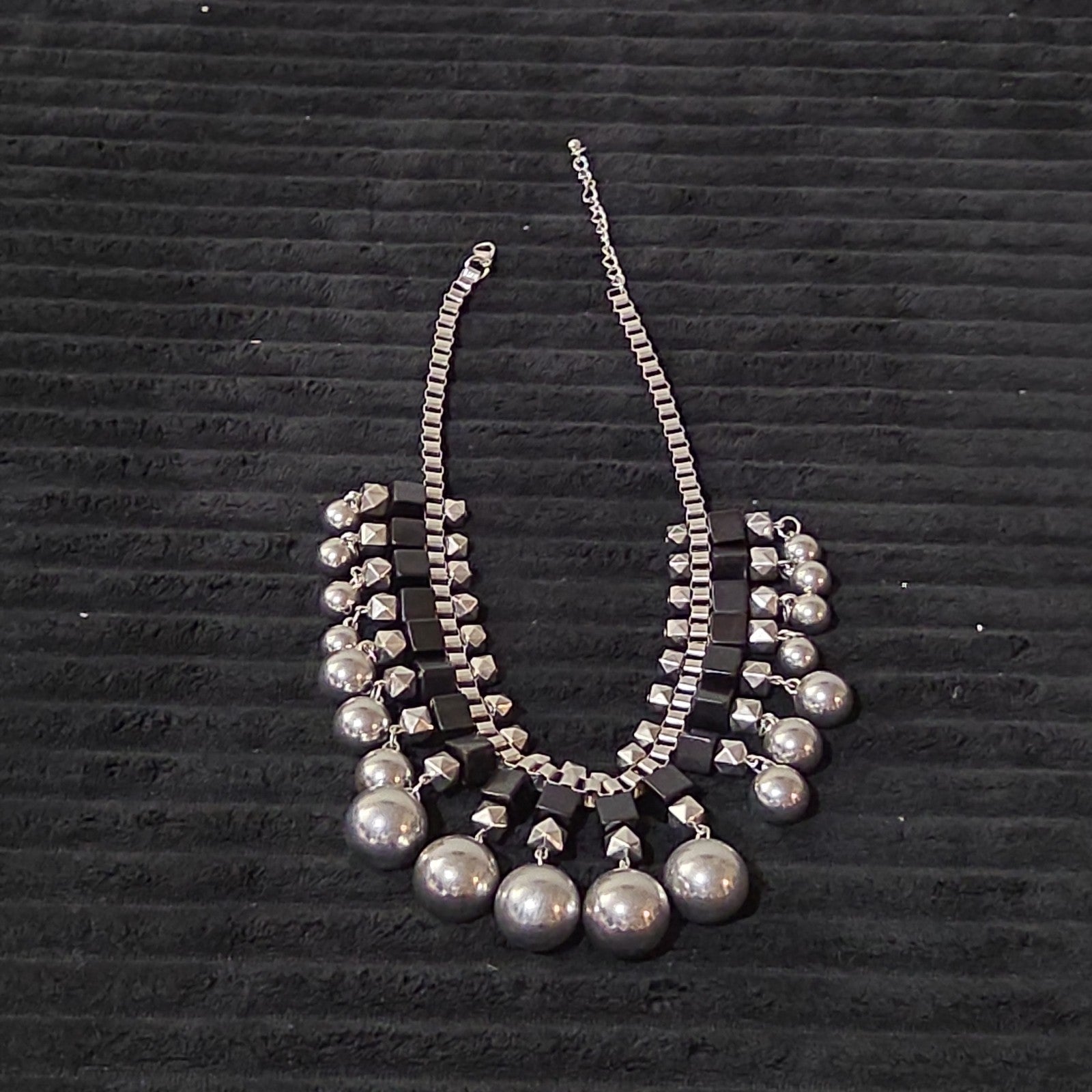 Chunky Silver Bib Statement Necklace Black Cube Cascading Collar Choker Punk Mod