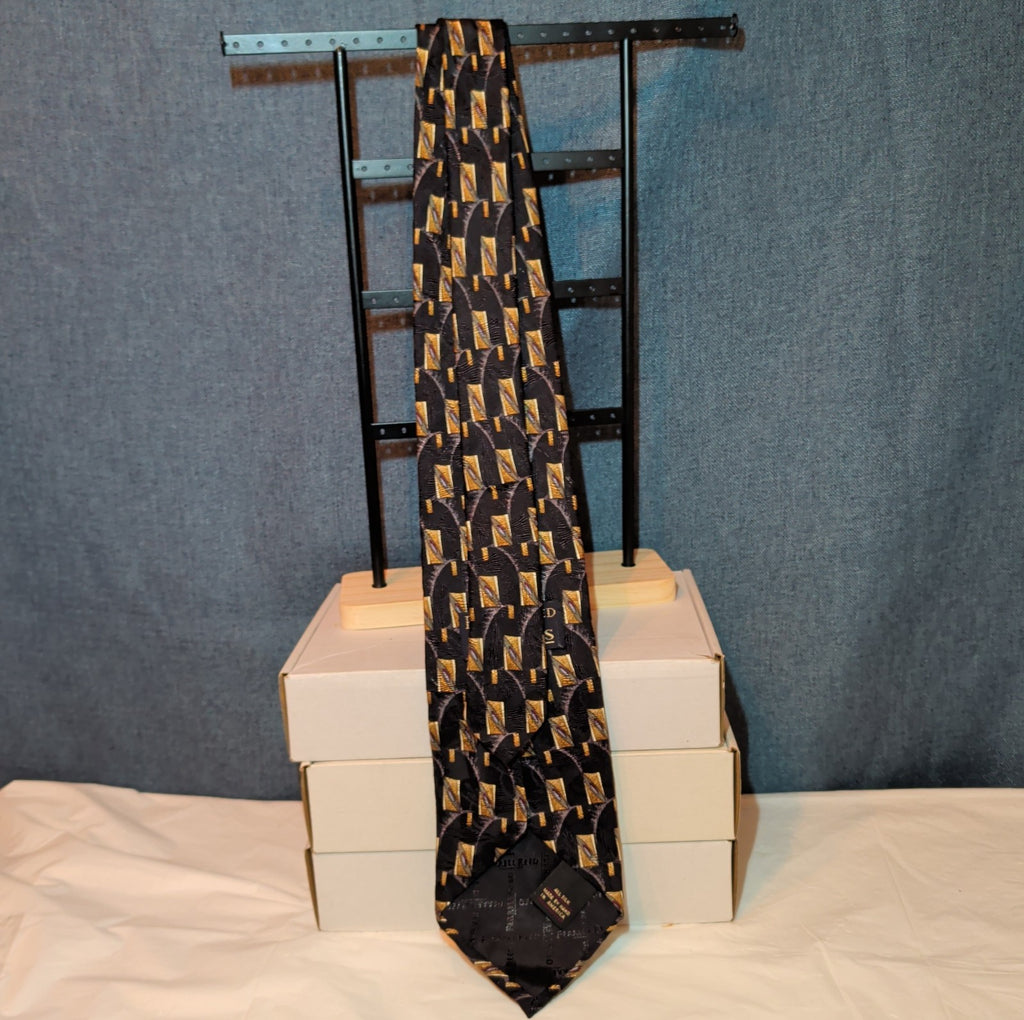 Vtg Ferrell Reed for Edwards Silk Neck Tie Black Gold Geometric Art Deco 59.5