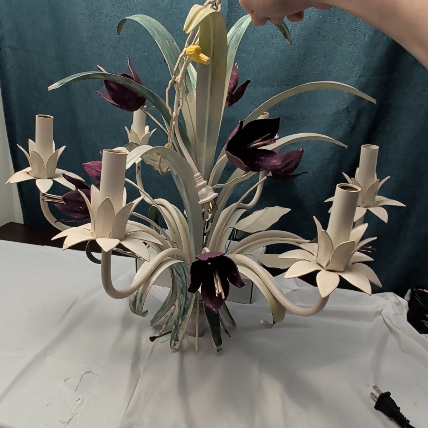 Vintage Floral Chandelier 6-Arm | Purple Tulips MCM | Hollywood | Tested