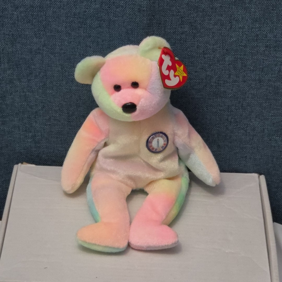 TY Beanie Baby B.B. BEAR The Birthday Bear 1999 | Pastel Tie-Dye | Mint Tags NEW