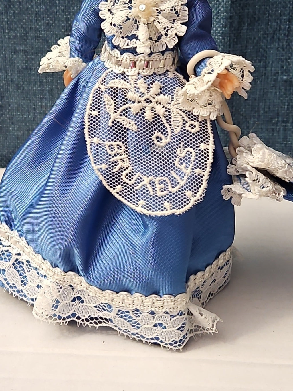 Vintage Brussels Souvenir Doll | 6" Belgium Blue Dress | "Bruxelles" Lace Apron
