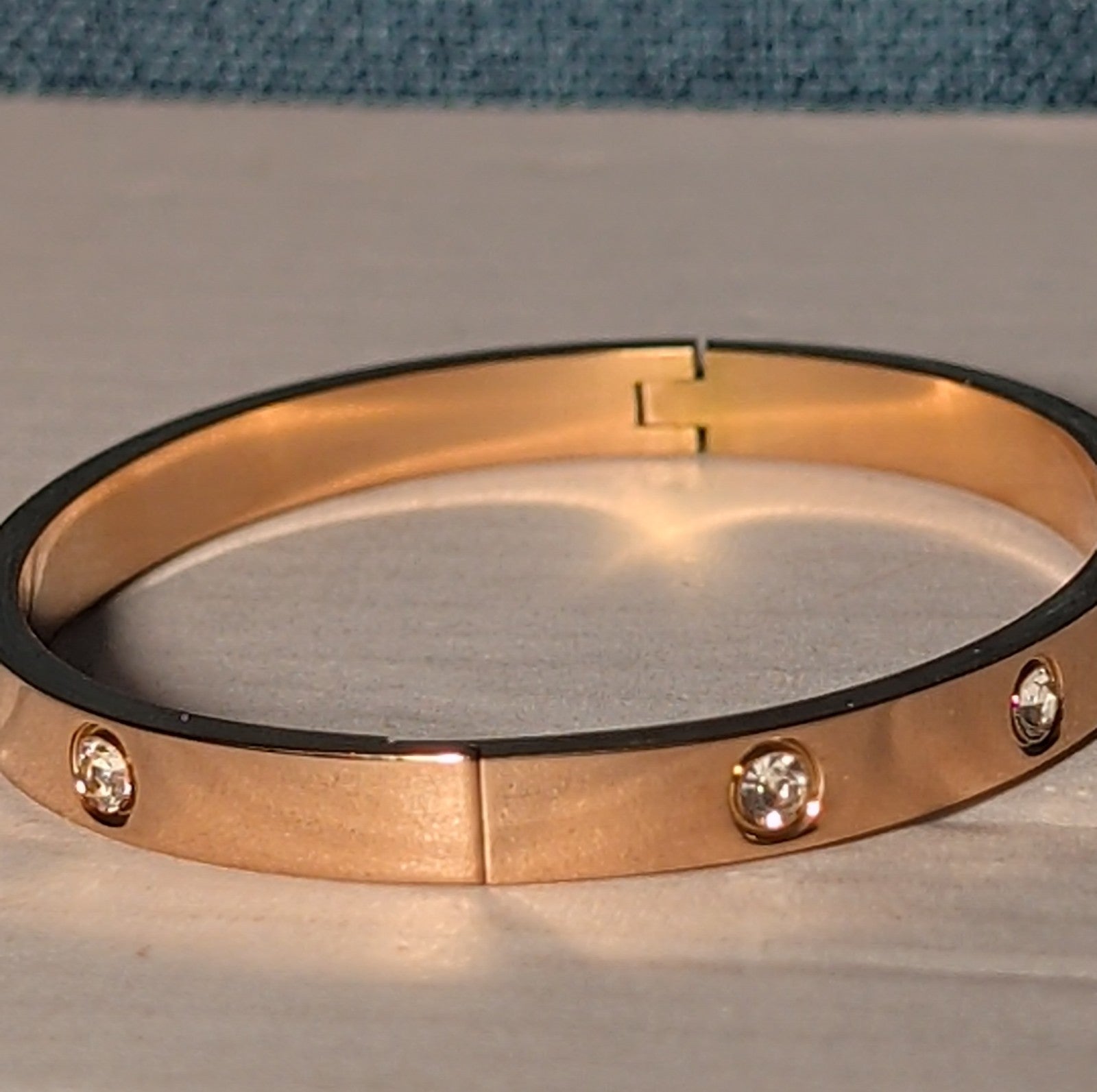 Hinged Bangle Copper Rose Gold Tone Rhinestone