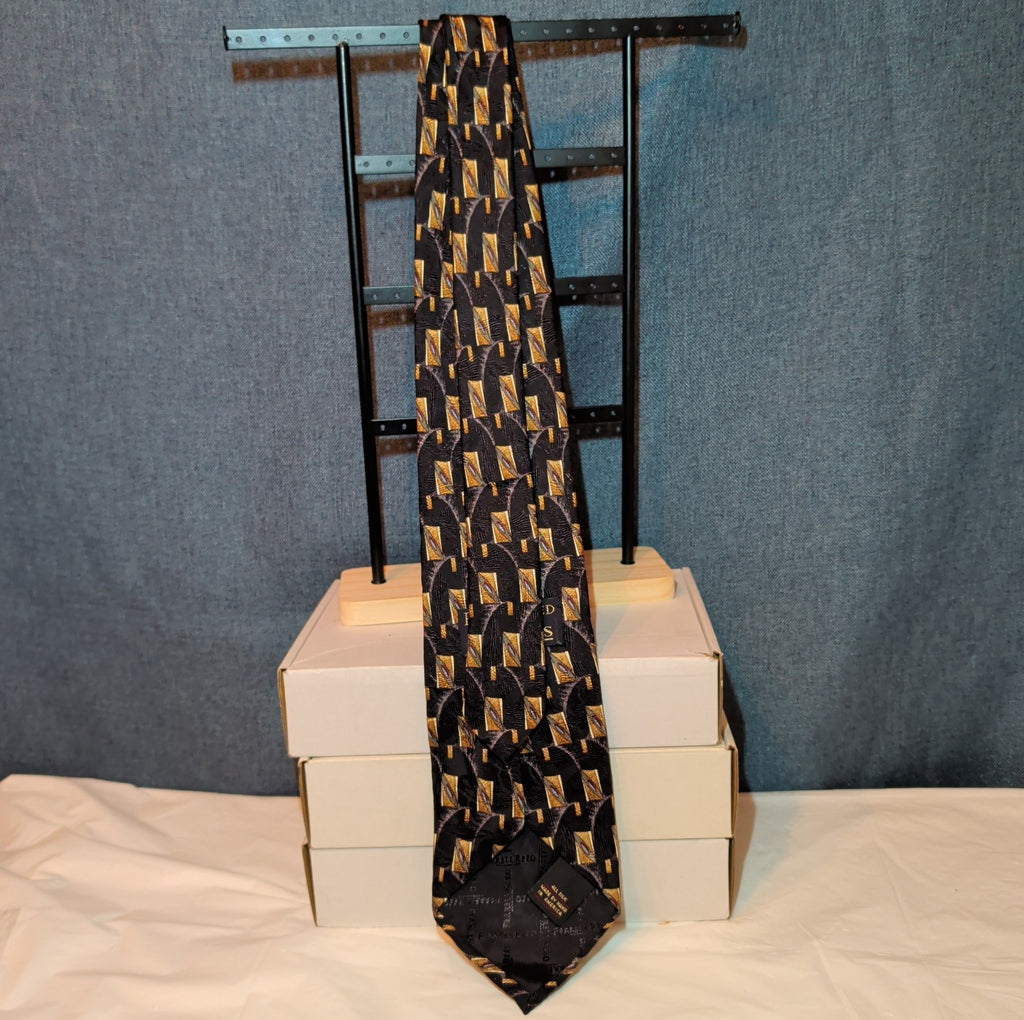 Vtg Ferrell Reed for Edwards Silk Neck Tie Black Gold Geometric Art Deco 59.5