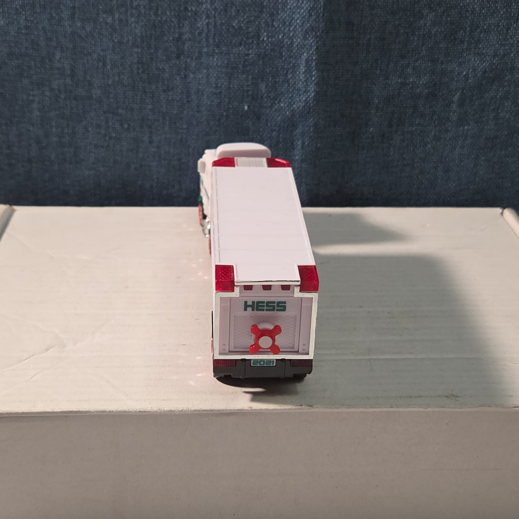 2021 Hess Mini Toy Truck Semi Hauler with Race Car White & Green Collectible