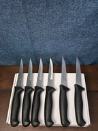 6 Gibson Steak Knives | 4.5" Serrated Stainless Steel | Wood Storage Block Tray