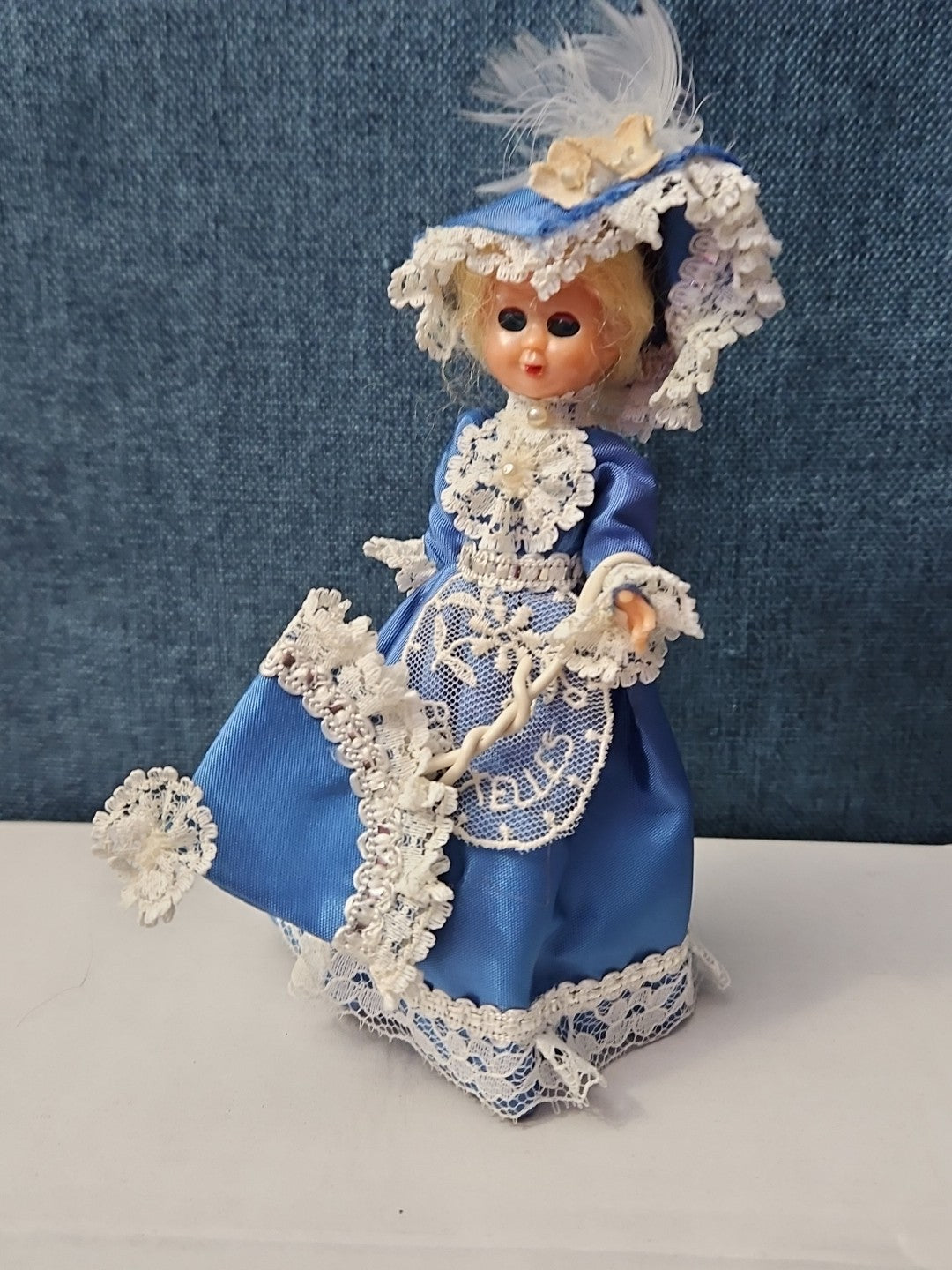 Vintage Brussels Souvenir Doll | 6" Belgium Blue Dress | "Bruxelles" Lace Apron