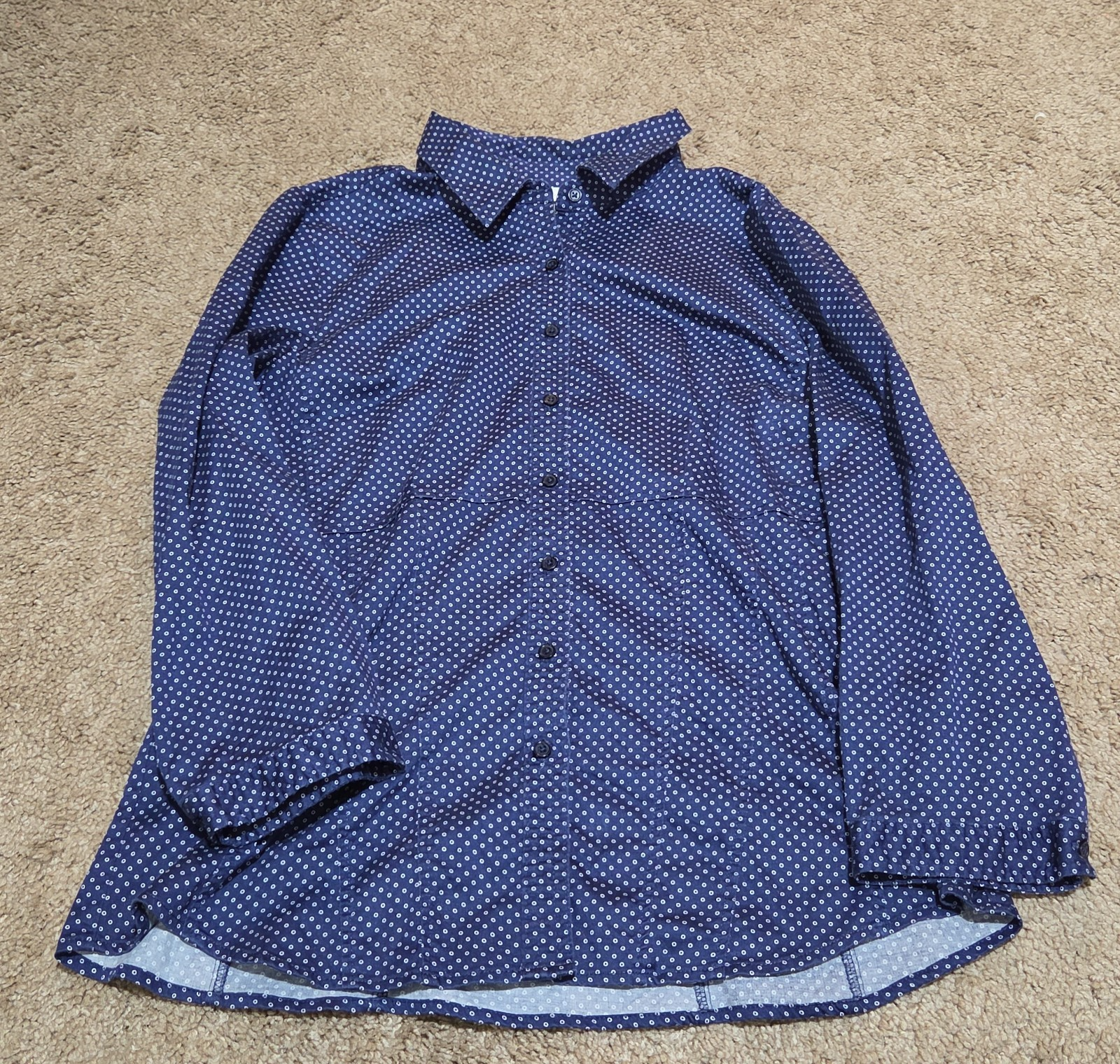 New York & Company Blouse Blue Polka Dot Button Down Office Wear Used Size L