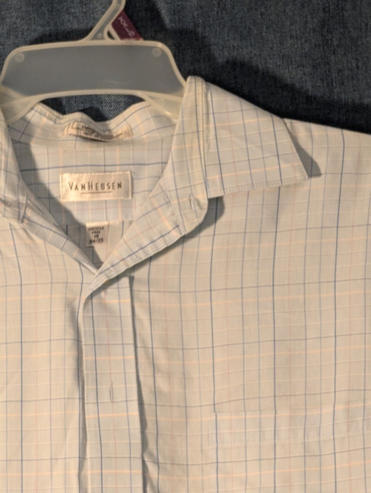Van Heusen Wrinkle Free Broadcloth Dress Shirt Men's 16 (34/35) Light Blue Plaid