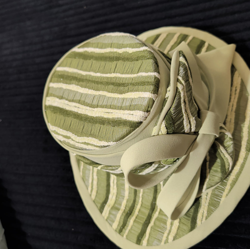 Carissimo Green Striped Wide Brim Church Derby Hat Bow Ribbon Vintage
